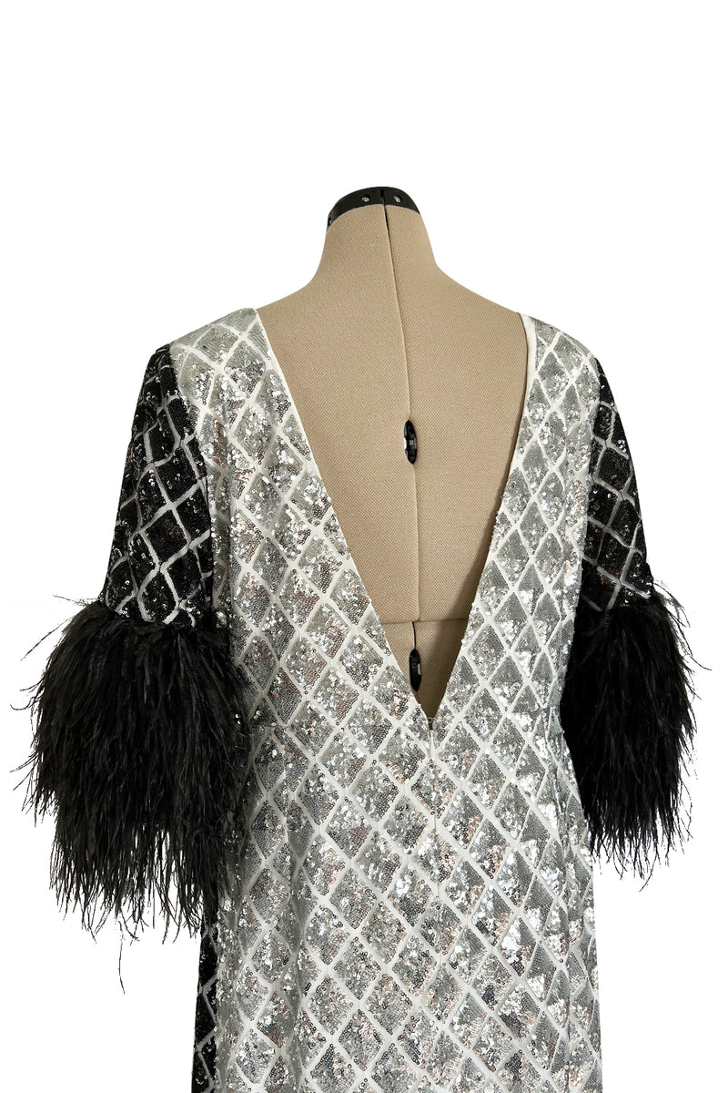 Gorgeous Fall 2019 Huishan Zhang Runway Black & Silver Sequin Dress w Feather Sleeves
