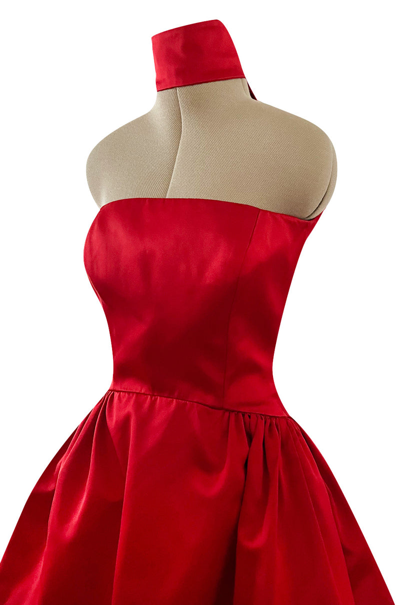 Stunning 1980s Saks Fifth Avenue Red Silk Satin Dress w Unusual Attached Collar Detail