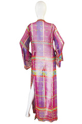 1960s Vivid Pink Silk and Gold Braid Rainbow Caftan