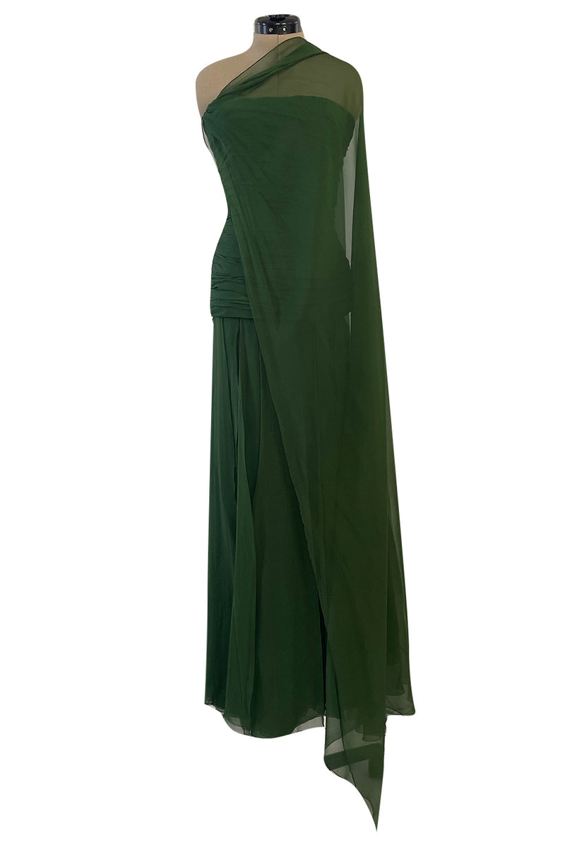 Spectacular Late 1970s Galanos Moss Green Silk Chiffon Car Wash Hem Dress w Draped Shoulder Panel