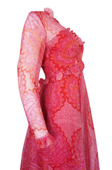 c.1976 Nina Ricci Silk Voile Pink Paisley Print Ruffle Trim Dress