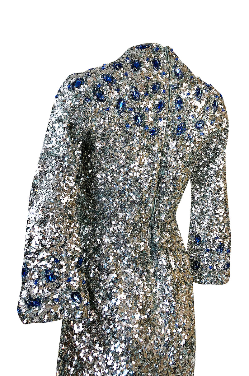 c.1967 Gene Shelly Blue Crystal & Silver Sequin Stretch Knit Dress