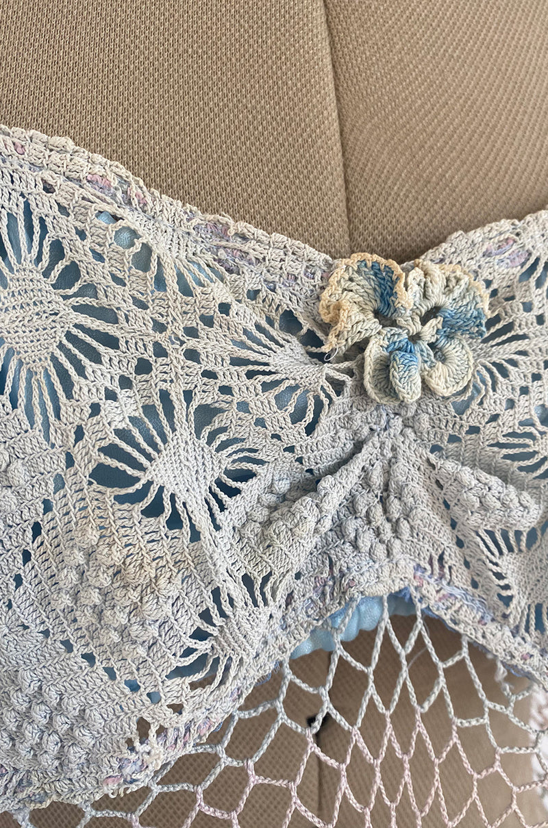 1960s Handmade Crocheted Crop Top in Blue & Pale Pink w Ruffled Cap Sleeve and Body