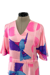 Prettiest 1970s Hanae Mori Pink Cotton Bird Print Dress w Wide Caped Sleeves