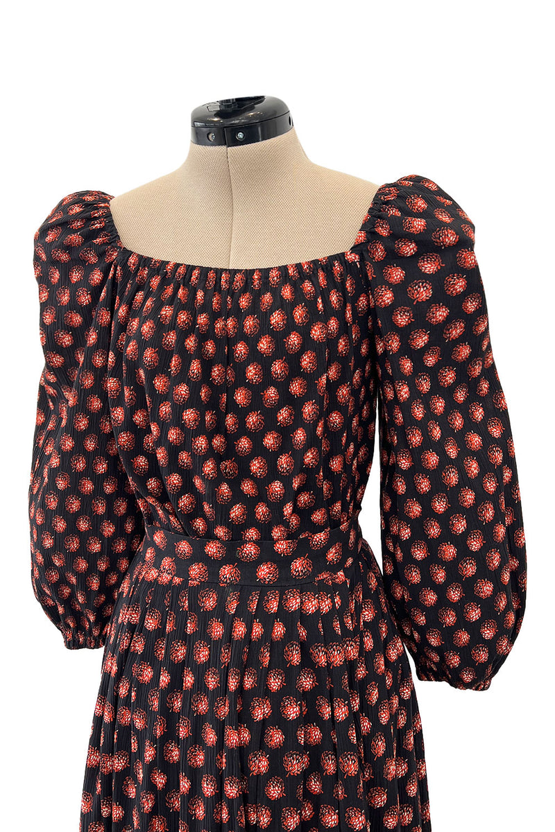 Incredible 1970s Givenchy Demi-Couture Pinecone Print Ruffle Skirt & Peaked Shoulder Top Set
