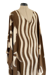 1980s Bill Blass Wavy Stripe & Abstract Print Pattern Soft Brown & Creamy Taupe Silk Caftan Dress