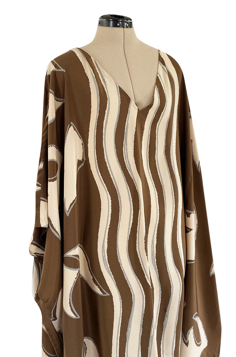1980s Bill Blass Wavy Stripe & Abstract Print Pattern Soft Brown & Creamy Taupe Silk Caftan Dress