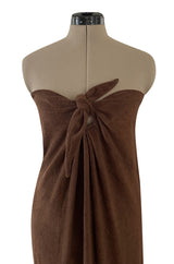 Unusual 1976 Halston Deep Brown Strapless Tie Front Dress in a Soft Terry Cloth