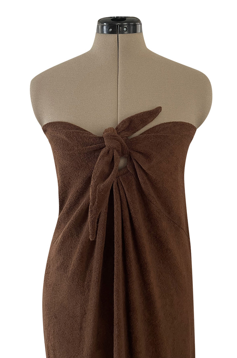 Unusual 1976 Halston Deep Brown Strapless Tie Front Dress in a Soft Terry Cloth