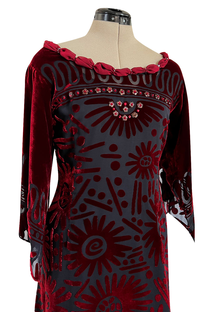 Gorgeous 1980s Zandra Rhodes Deep Red Cut Velvet Caftan Dress w Beaded Detailing