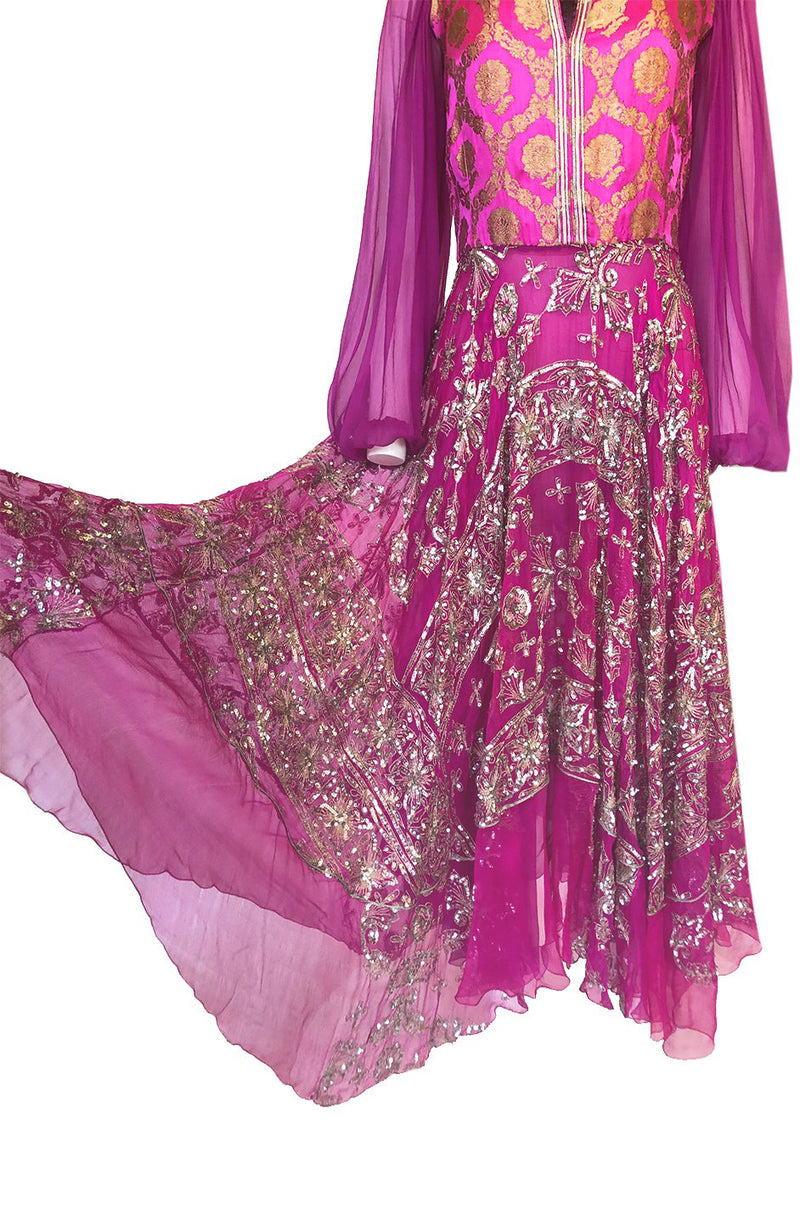 c1969 Thea Porter Couture Gold Brocade & Silver Metal Embroidered Fuchsia Dress