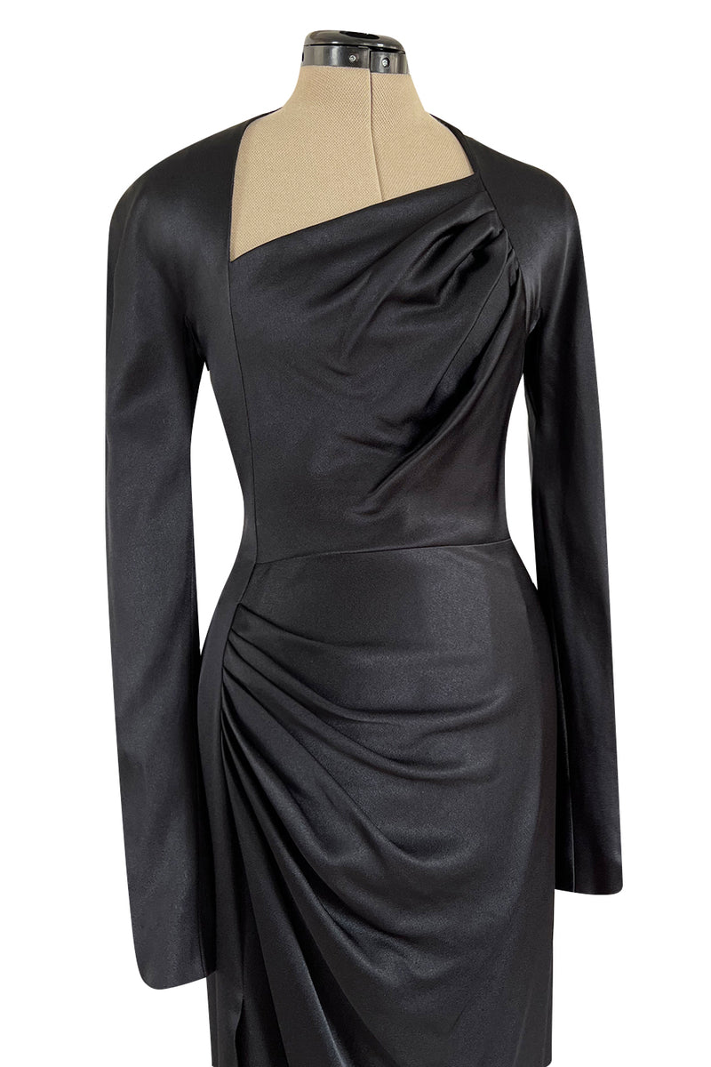 Chic Fall 2009 Christian Dior by John Galliano Black Silk Satin Dress w Asymmetrical Neckline