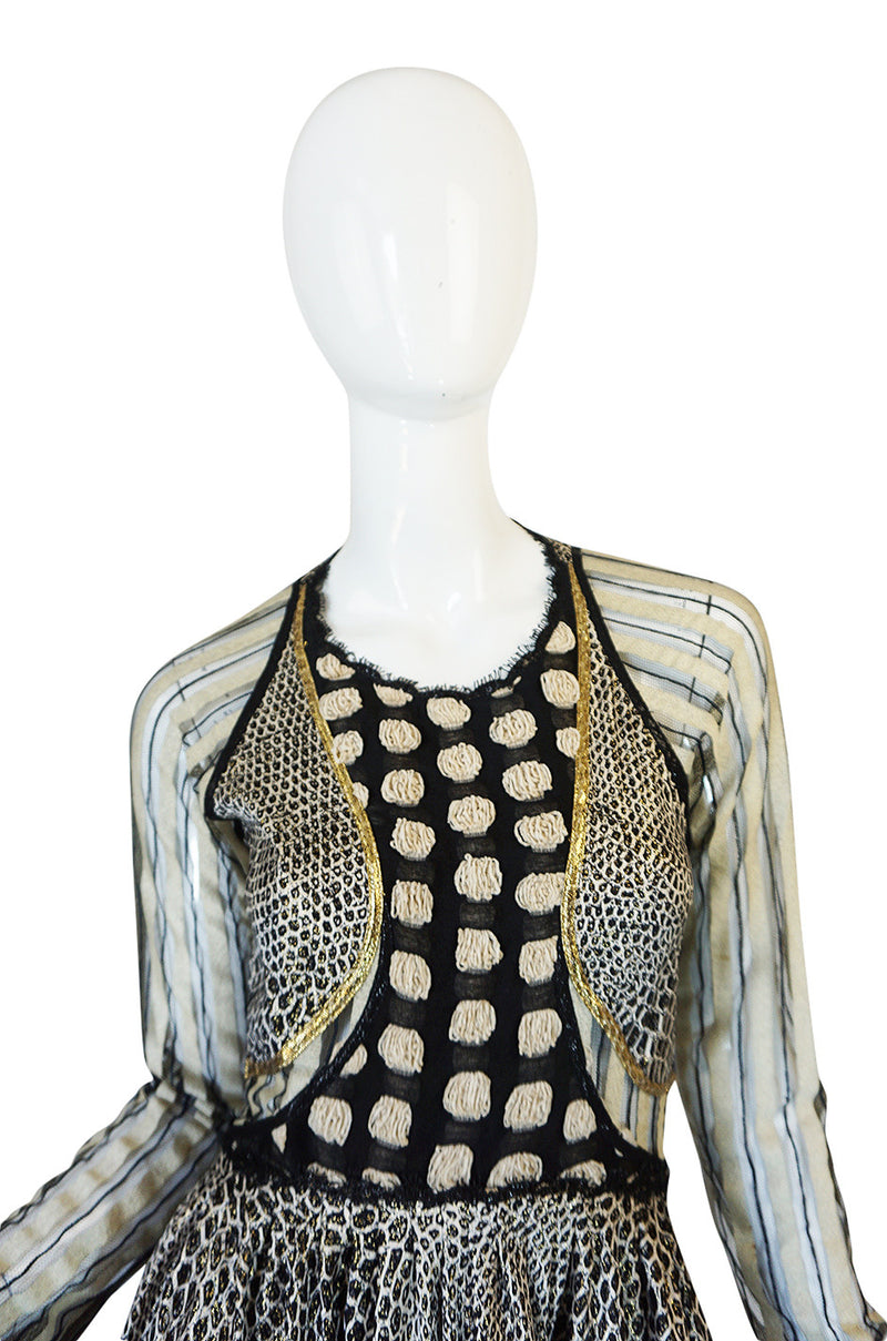 1970s Geoffrey Beene Couture Gold Metallic Lurex & Net Print Dress