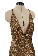 Fall 2002 Valentino Plunged Silk Net Chiffon Dress Completely Covered in Copper Sequins