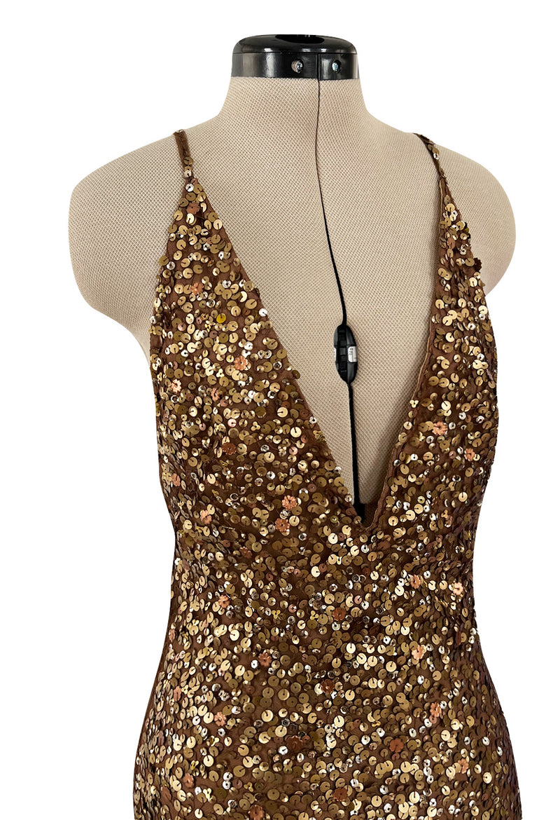 Fall 2002 Valentino Plunged Silk Net Chiffon Dress Completely Covered in Copper Sequins