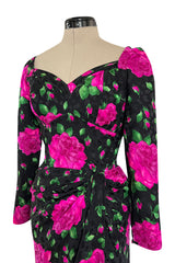 Prettiest 1980s Vicky Tiel Couture Hourglass Bright Pink Floral Print Silk Dress