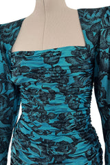 Late 1980s Emanuel Ungaro Teal Blue Printed Silk Mini Dress w Strong Shoulders