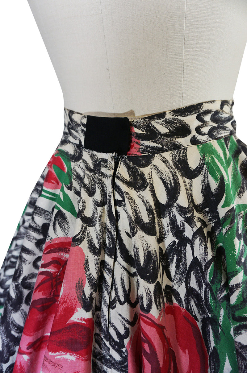 1950s Hand Painted Brilliant Rose Cotton Spiegel Skirt