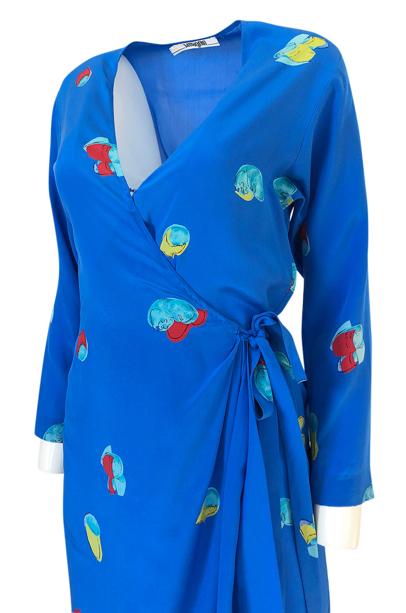 Resort 1980 Halston Abstract Print Blue Silk Wrap Day Dress