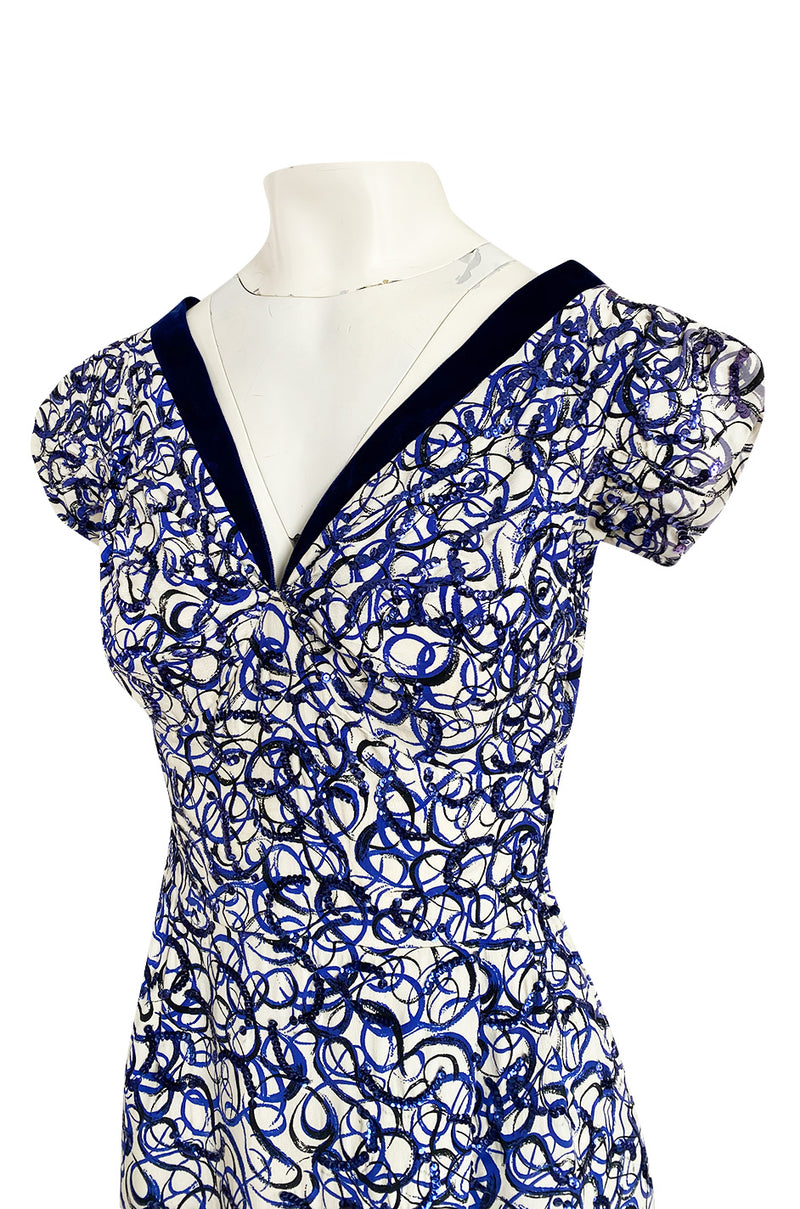 1940s Hand Painted Blue & White Silk Swing Dress w Swirling Sequin Detailing