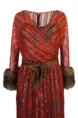 Fall 1979 Bill Blass Couture Hand Sequin Gold & Red Silk Chiffon Dress