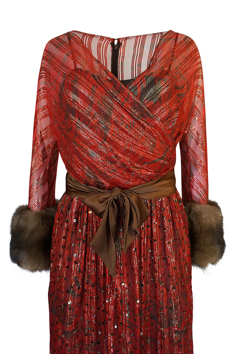Fall 1979 Bill Blass Couture Hand Sequin Gold & Red Silk Chiffon Dress