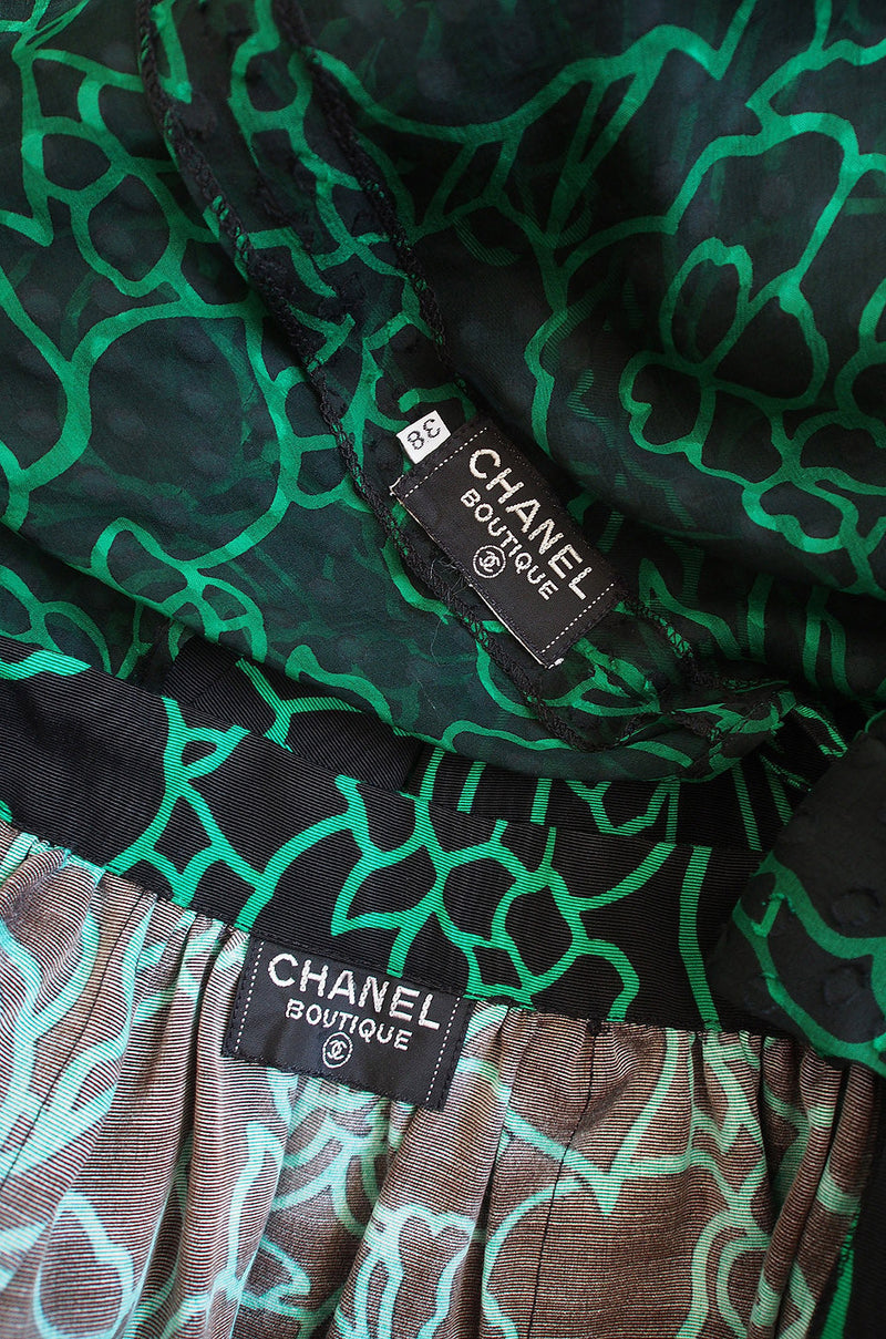 1980s Green Print Chanel Silk Top & Skirt