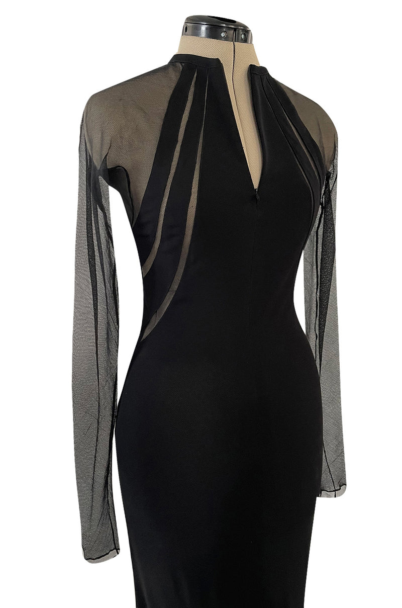 Spectacular 2005 John Anthony Couture Black Stretch Jersey Dress w Curved Netted Cut Outs