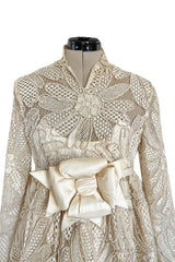 Extraordinary 1960s Donald Brooks Couture Ivory Net Lace & Silk Cord Babydoll Dress