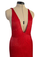 Showstopping 1975 John Anthony Couture Deep Plunging Red Dress Entirely Covered in Glass Beads