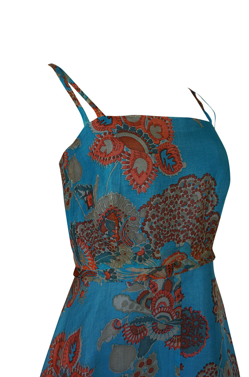 1960s Hardy Amies Deep Turquoise & Printed Silk Organza Dress w Matching Ruffled Capelet
