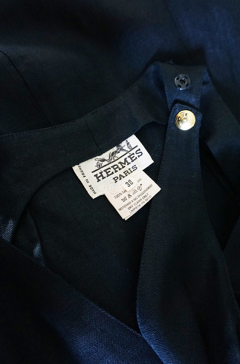 1970s Rare and Chic Hermes Black Linen Wrap Dress