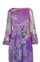 1970s George Stavropoulos Couture Floral Print Purple Silk Chiffon Maxi Dress