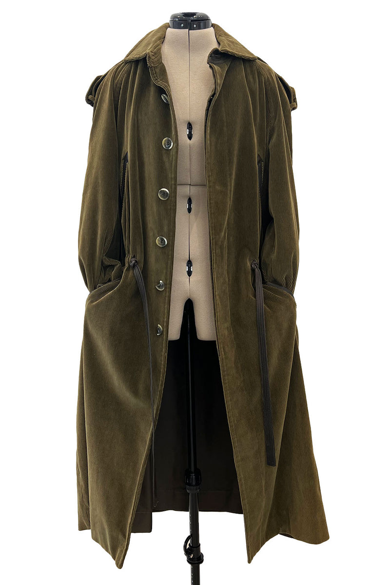 Documented Fall 1978 Yves Saint Laurent Slouchy Olive Corduroy 'Trench' Coat w Leather Trim