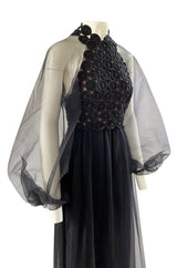 1960s Werle Black Organza & Embroidered Lace Transparent Back Dress