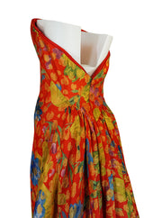c.1998 Sully Bonnelly Red & Gold Floral Strapless Trained Dress