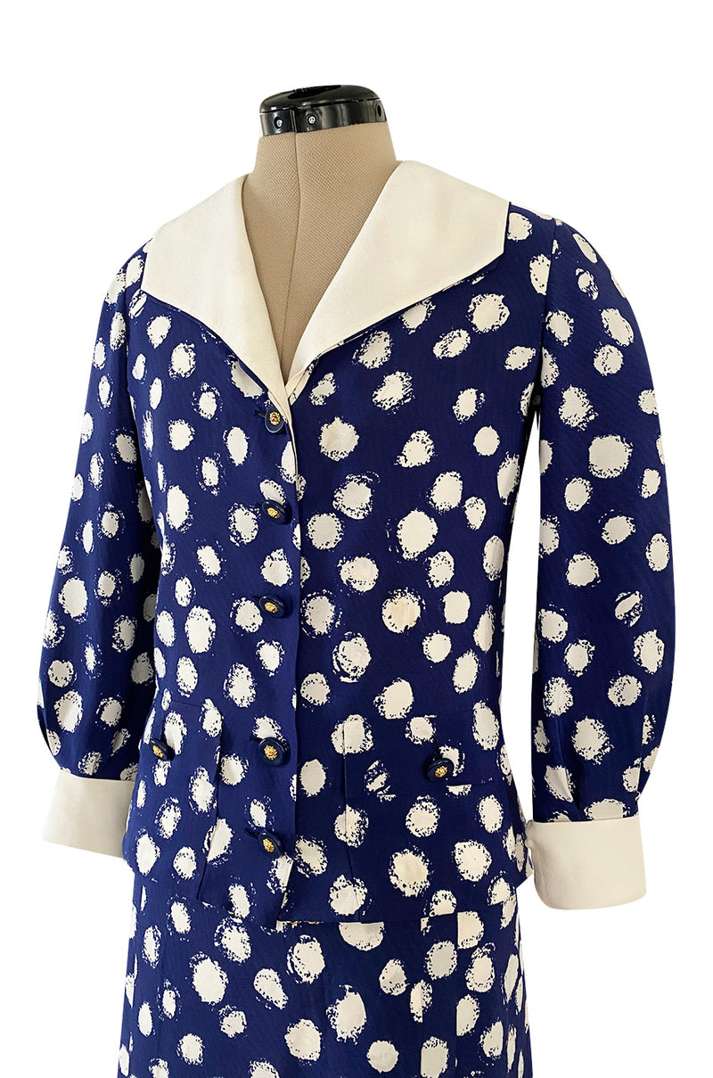 Spring 1977 Chanel Haute Couture Blue & White Silk Suit w Removable Collar