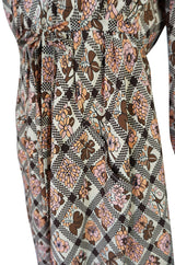 Prettiest 1970s Emanuel Ungaro Haute Couture Full Sleeved Floral & Lattice Printed Silk Dress