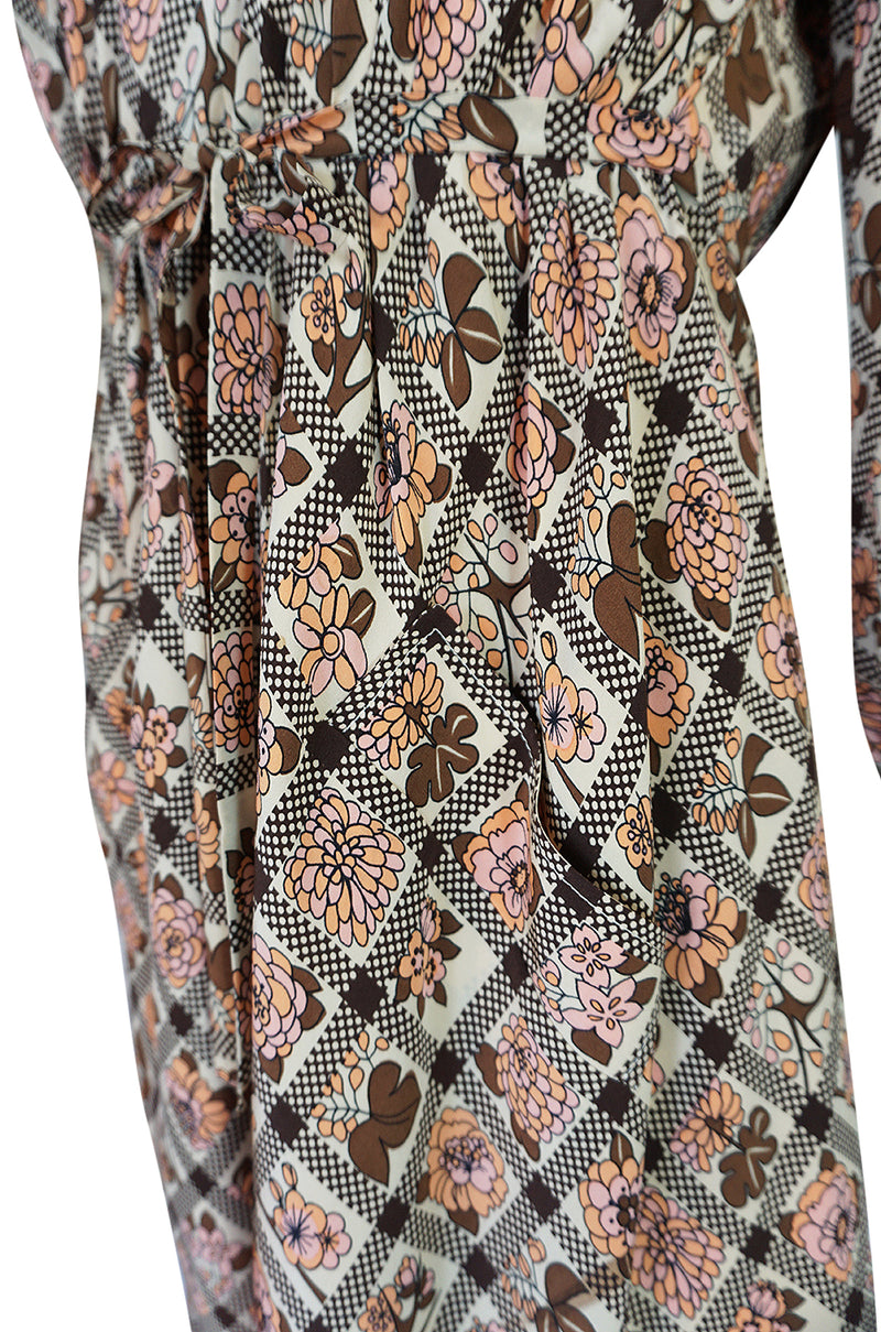 Prettiest 1970s Emanuel Ungaro Haute Couture Full Sleeved Floral & Lattice Printed Silk Dress