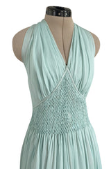 Spring 1976 Chanel Haute Couture Pale Turquoise Silk Chiffon Dress w PinTuck Gathered Front