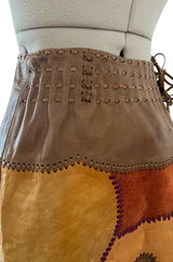 Extraordinary 1960s Char Hand Made Leather & Suede Wrap Scenic Patchwork Skirt