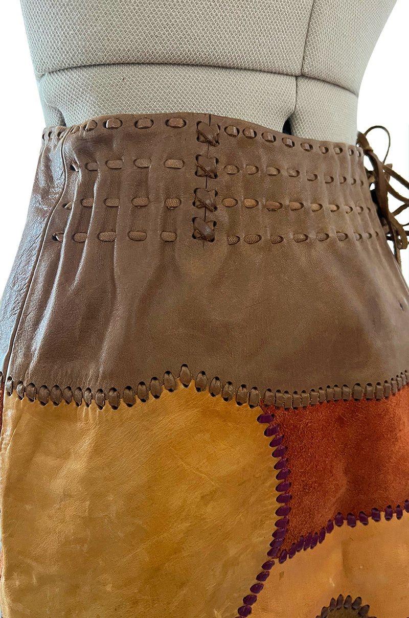 Extraordinary 1960s Char Hand Made Leather & Suede Wrap Scenic Patchwork Skirt