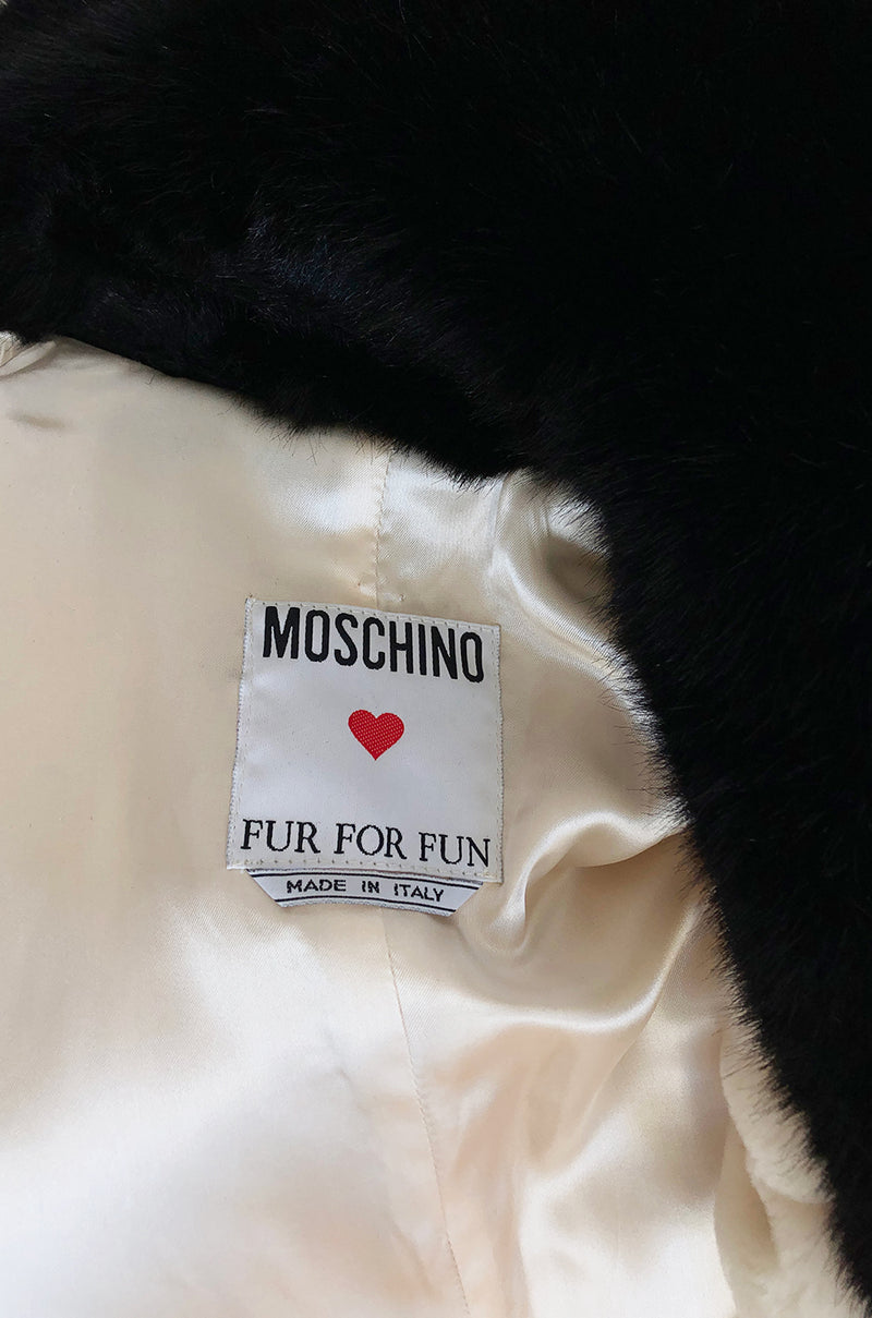 1994 Franco Moschino Ivory & Black Question Mark Faux Fur Cropped Jacket