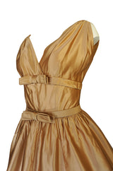 c.1957 Christian Dior Demi-Couture Gold Bow Detailed Silk Dress