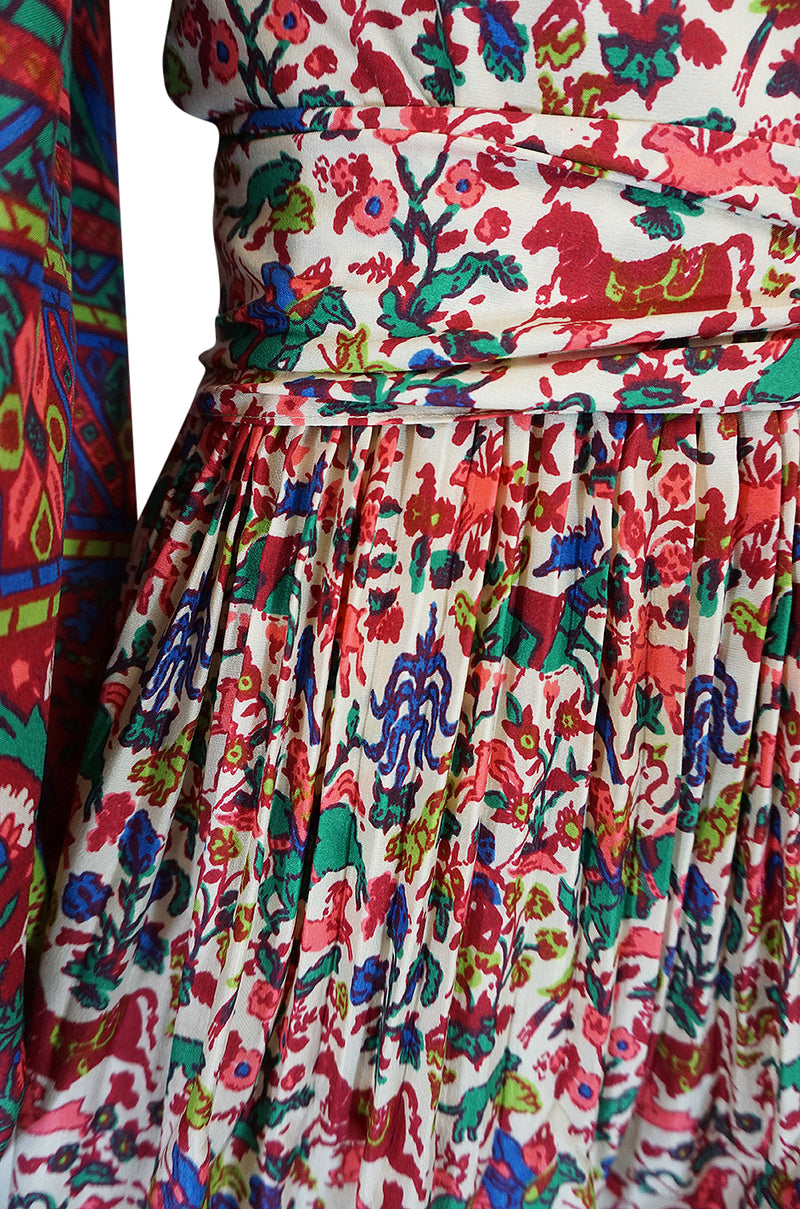 1960s Richilene Off Shoulder Pouf Sleeve Bohemian Printed Silk Dress