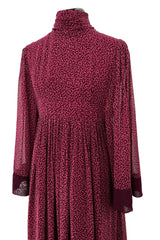 Incredible 1969-1972 Christian Dior by Marc Bohan Demi-Couture Numbered Silk Chiffon Burgundy Dress