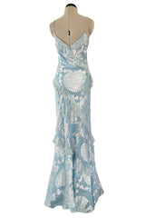 Iconic Fall 2004 John Galliano Bias Cut Blue Dress w Ruffles & Metallic Silver Detailing