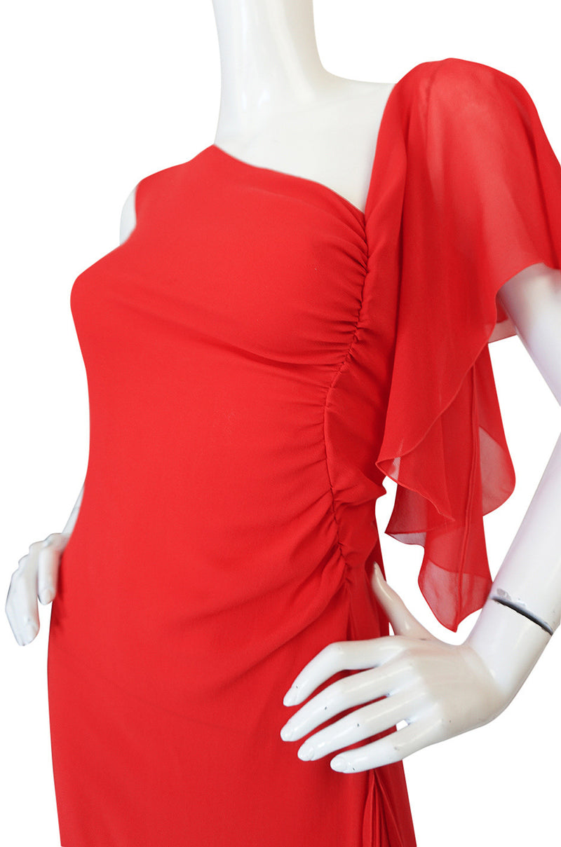 1990s Valentino Plunged Back Red Ruffled Silk Chiffon Dress