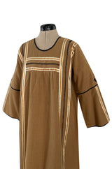 1960s Josefa Hand Embroidered w Brown Ribbon Detailing & Bird Motif Caftan Dress
