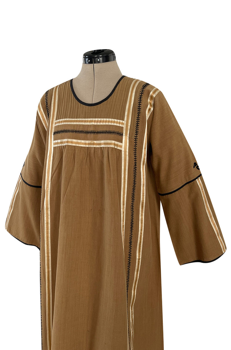 1960s Josefa Hand Embroidered w Brown Ribbon Detailing & Bird Motif Caftan Dress